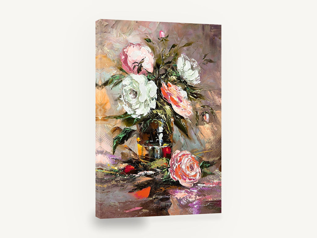 Roses in Dark Glass, pink and white roses textured floral, floral canvas wall art print ready to hang