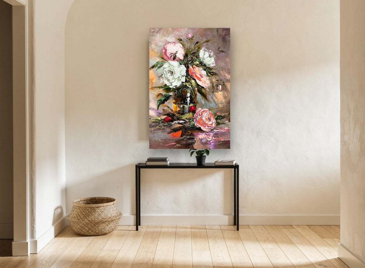 Roses in Dark Glass floral canvas print on the wall of a hallway