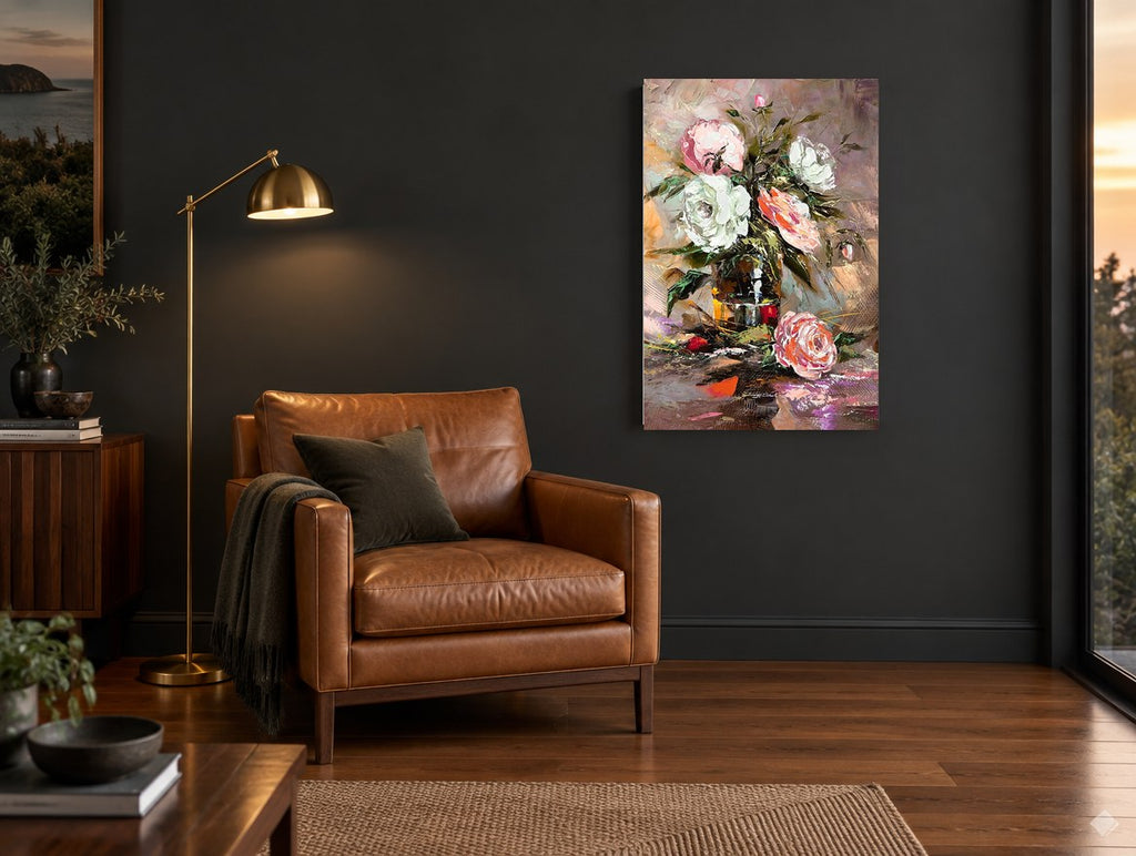 Roses in Dark Glass floral canvas print on the wall of a charcoal living room
