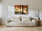 Sunbeams Through Autumn Beeches landscape canvas print on the wall of a living room