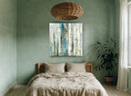 Teal Birch Hush landscape canvas print on the wall of a bedroom