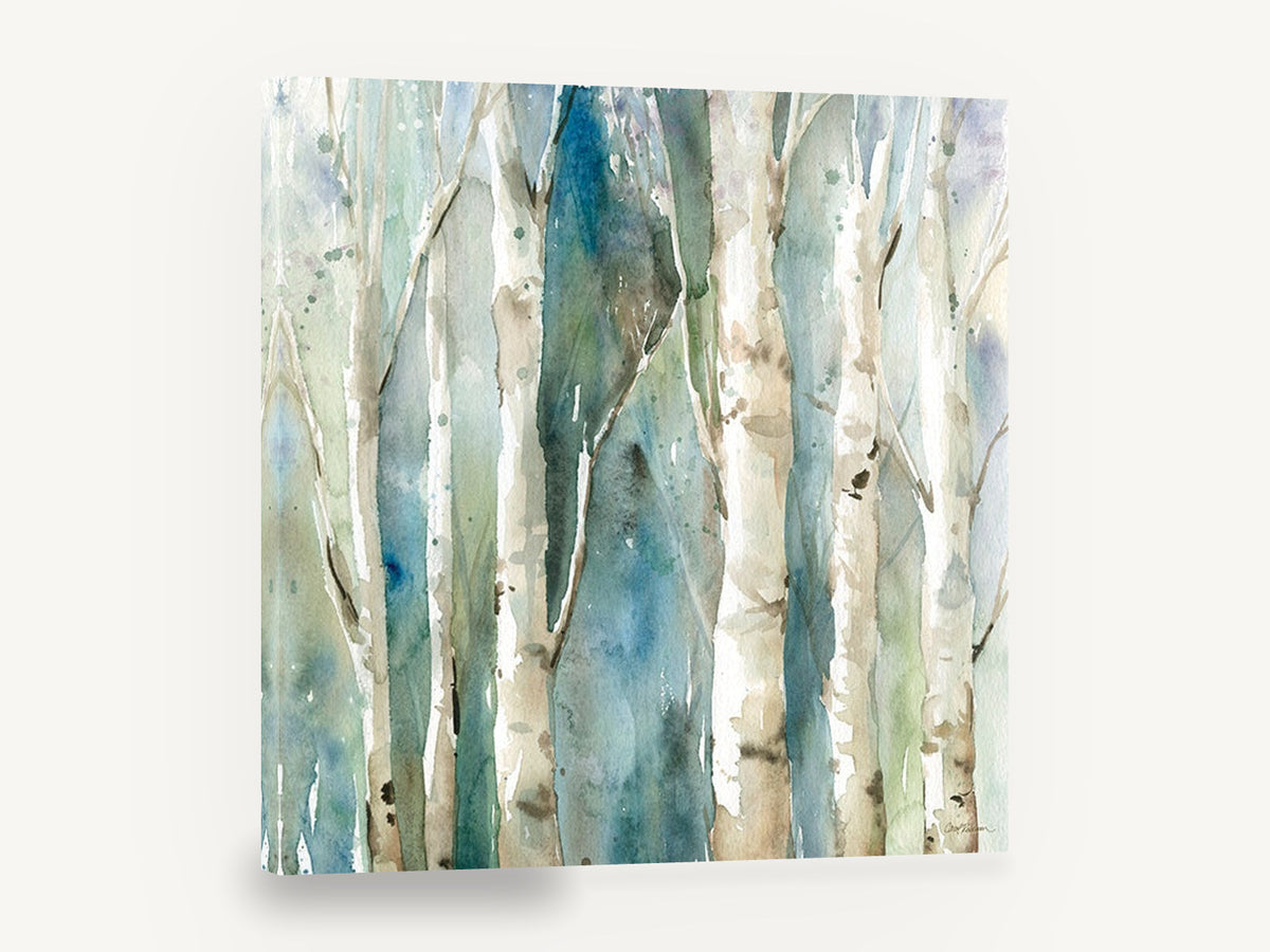 Teal Birch Hush, birch trees watercolour forest, landscape canvas wall art print ready to hang