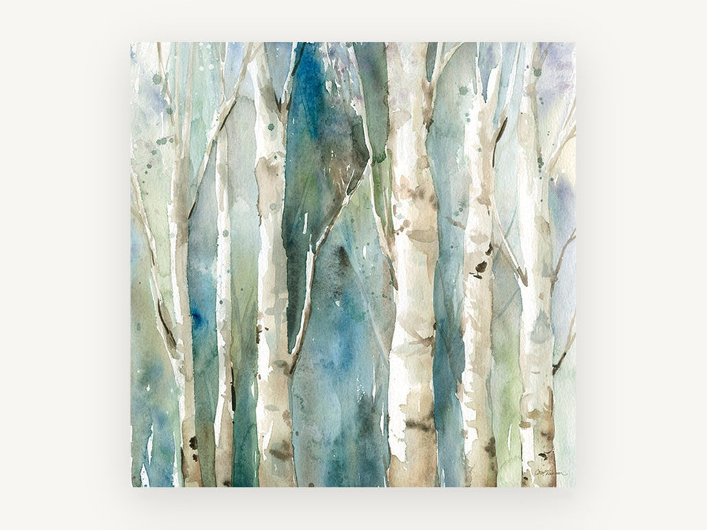 Teal Birch Hush, birch trees watercolour forest, landscape canvas wall art print, front view