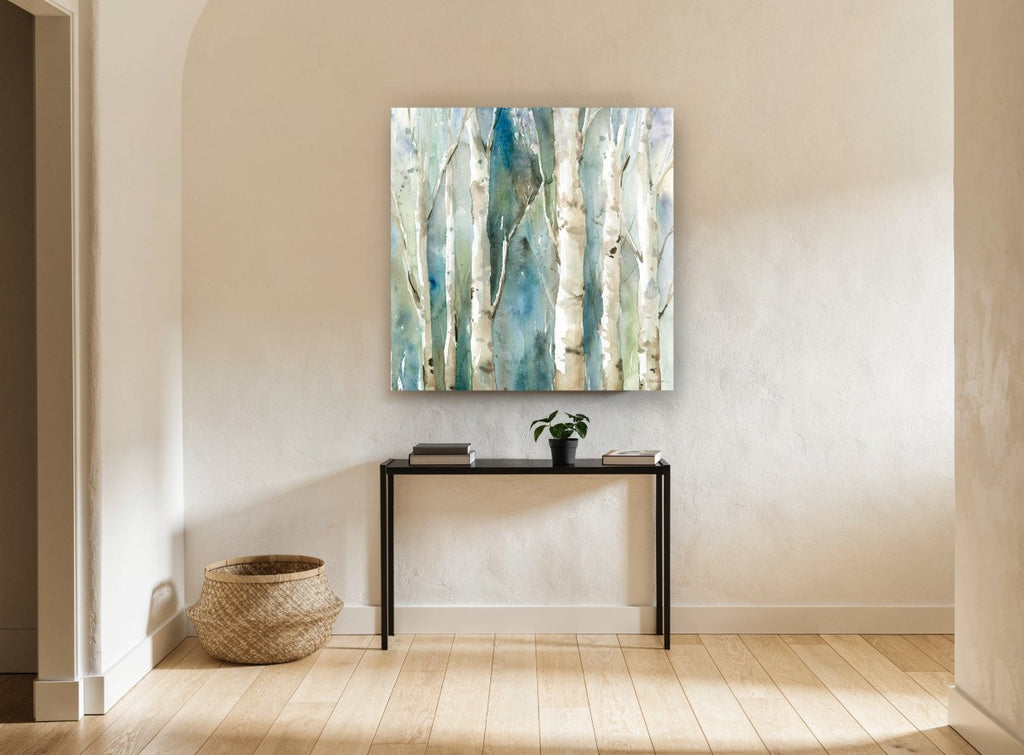 Teal Birch Hush landscape canvas print on the wall of a hallway