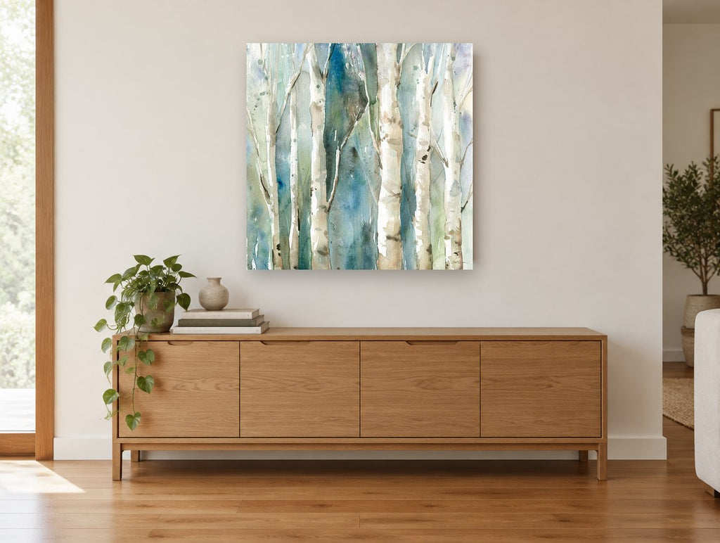 Teal Birch Hush landscape canvas print on the wall of a living room above a sideboard