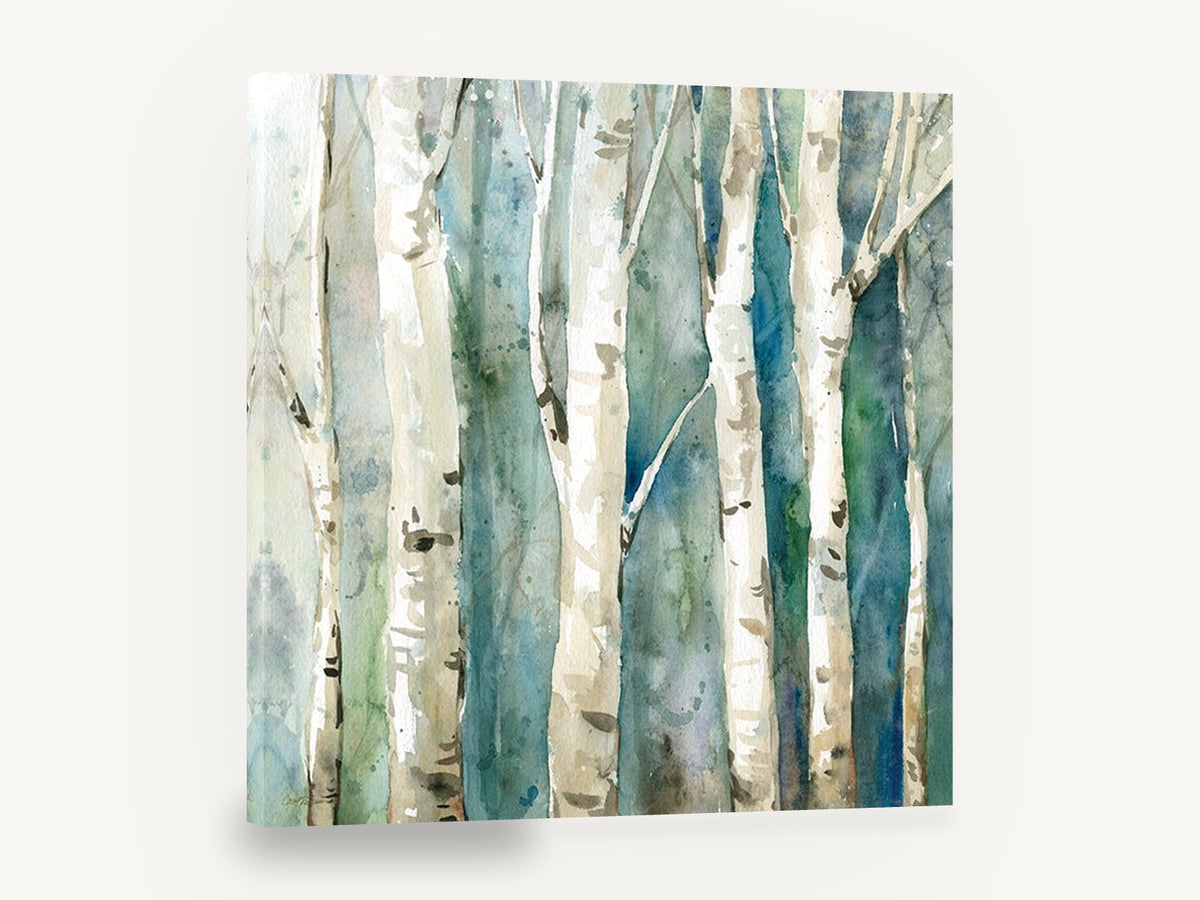 Birch Trunks in Teal, watercolour birch trees teal forest, landscape canvas wall art print ready to hang