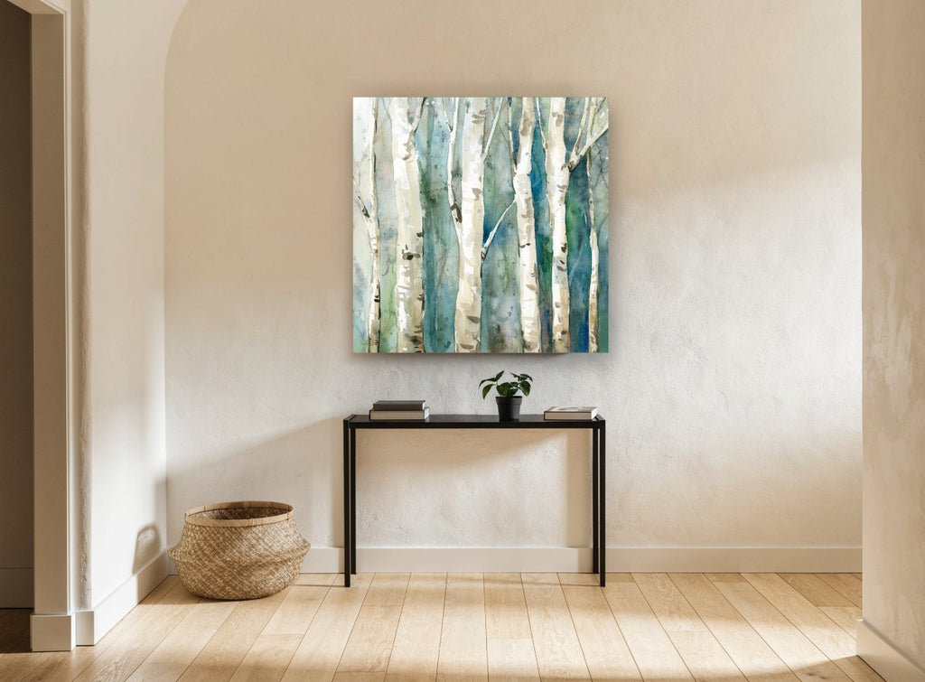 Birch Trunks in Teal landscape canvas print on the wall of a hallway