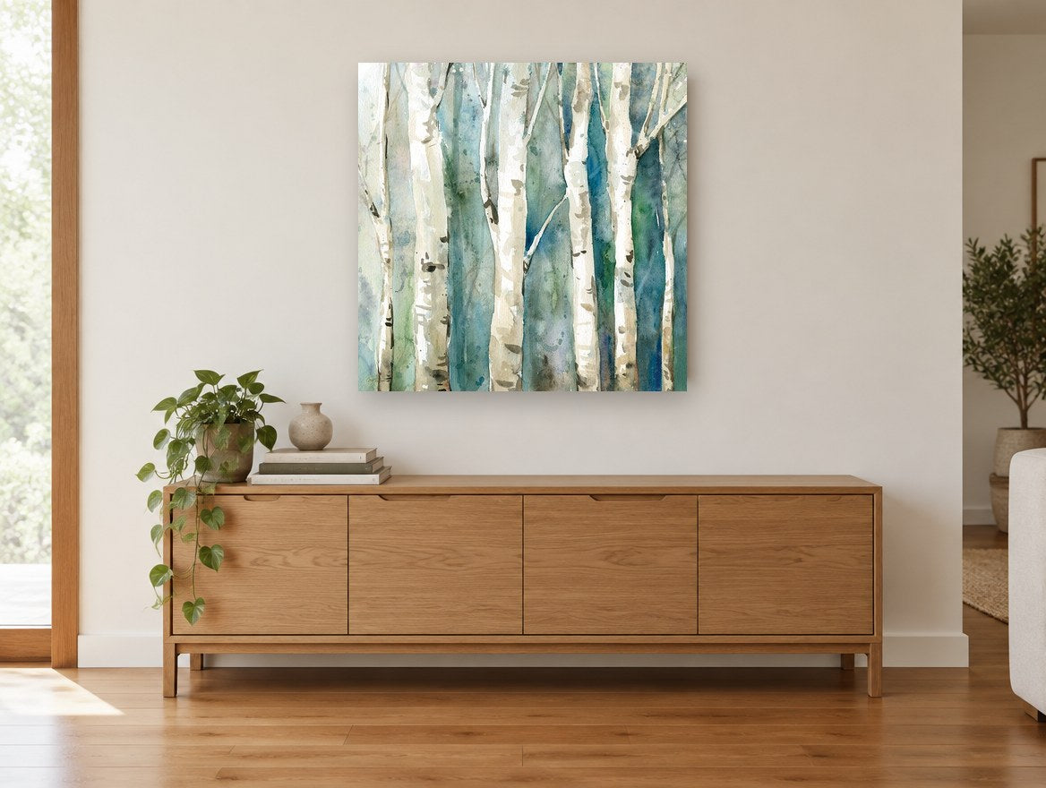 Birch Trunks in Teal landscape canvas print on the wall of a living room above a sideboard
