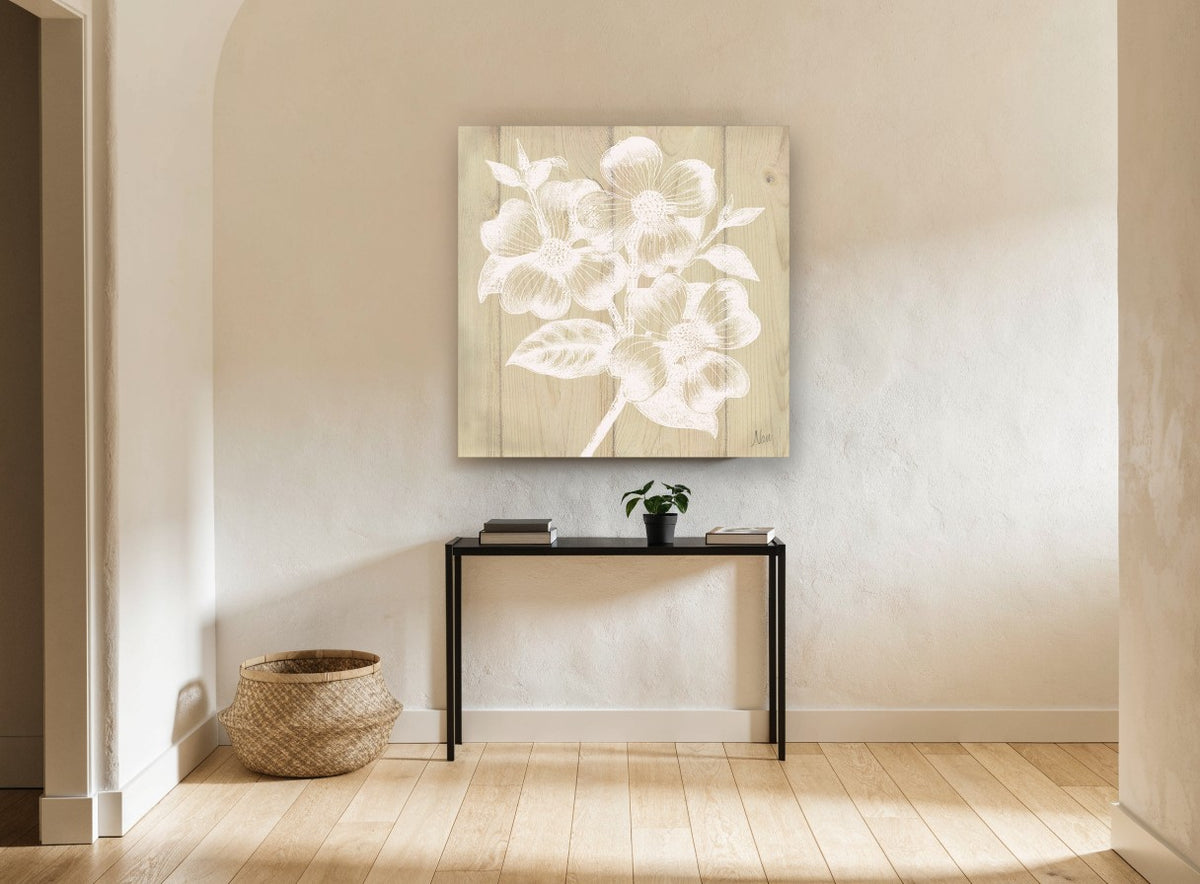 White Dogwood on Timber floral canvas print on the wall of a hallway