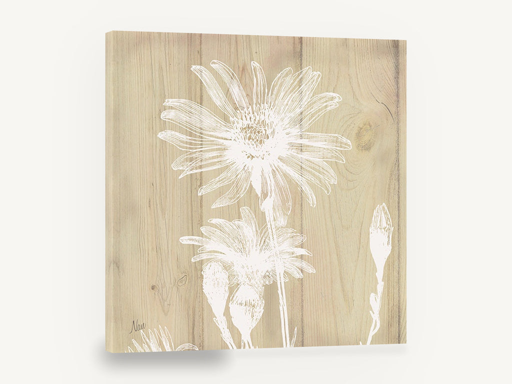 White Daisy on Pale Timber, white daisy silhouette on wood, floral canvas wall art print ready to hang