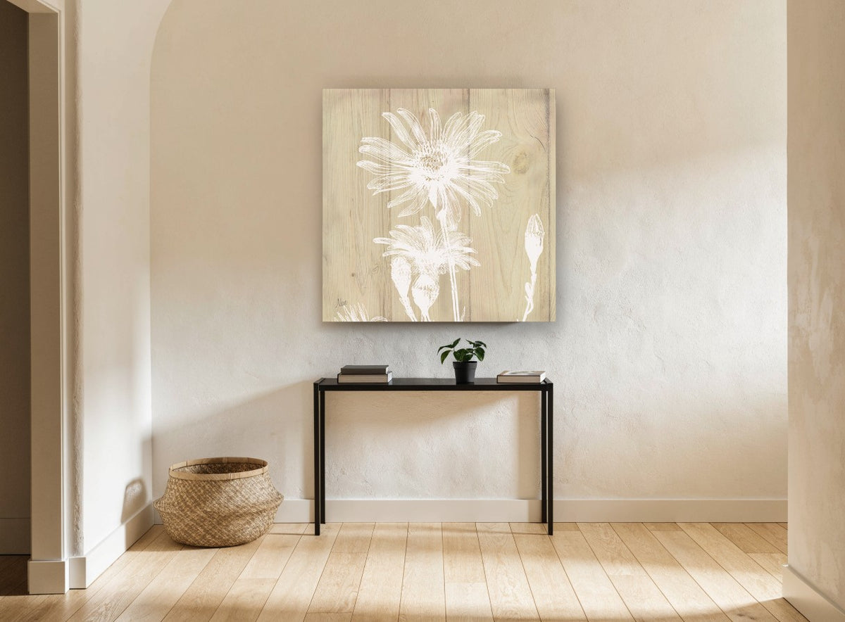 White Daisy on Pale Timber floral canvas print on the wall of a hallway