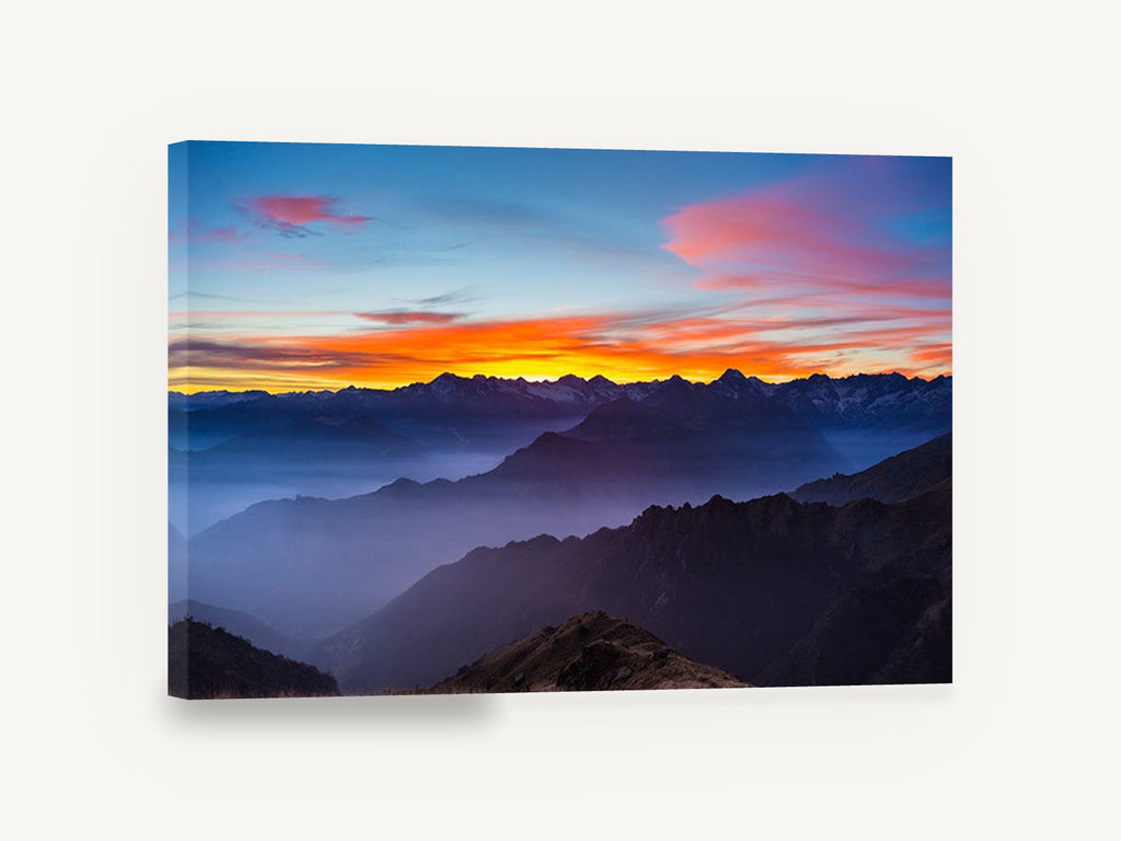 Alpine Dusk Layers, sunset over misty mountain ridges photograph, landscape canvas wall art print ready to hang