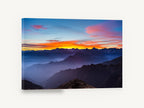 Alpine Dusk Layers, sunset over misty mountain ridges photograph, landscape canvas wall art print ready to hang