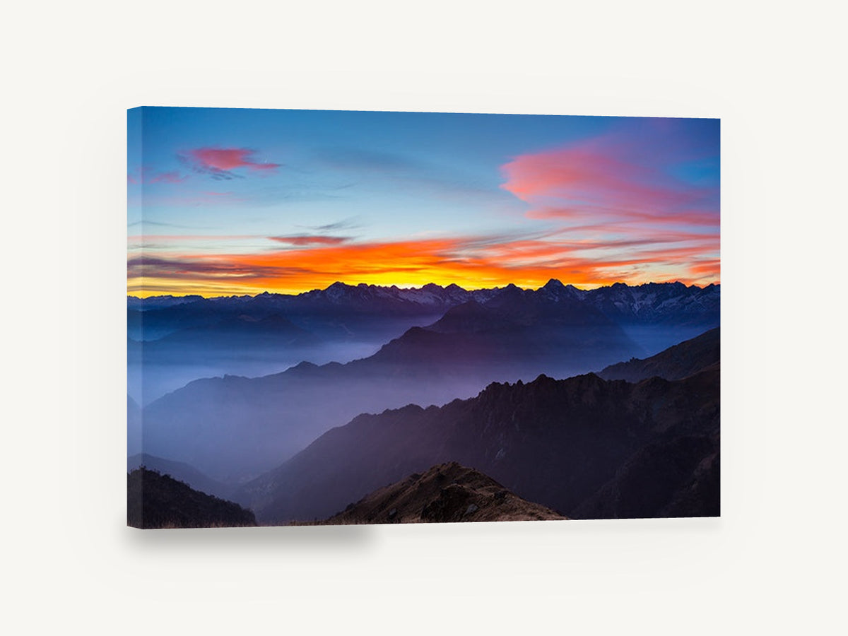 Alpine Dusk Layers, sunset over misty mountain ridges photograph, landscape canvas wall art print ready to hang