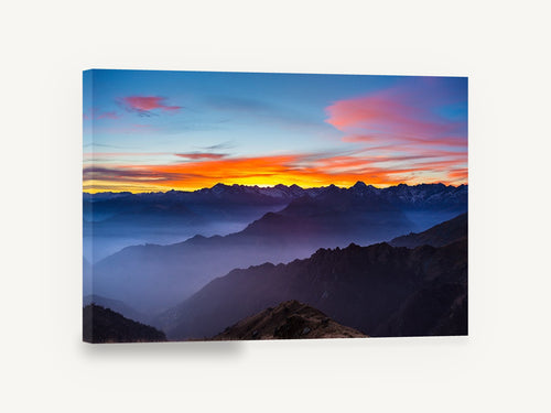 Alpine Dusk Layers, sunset over misty mountain ridges photograph, landscape canvas wall art print ready to hang