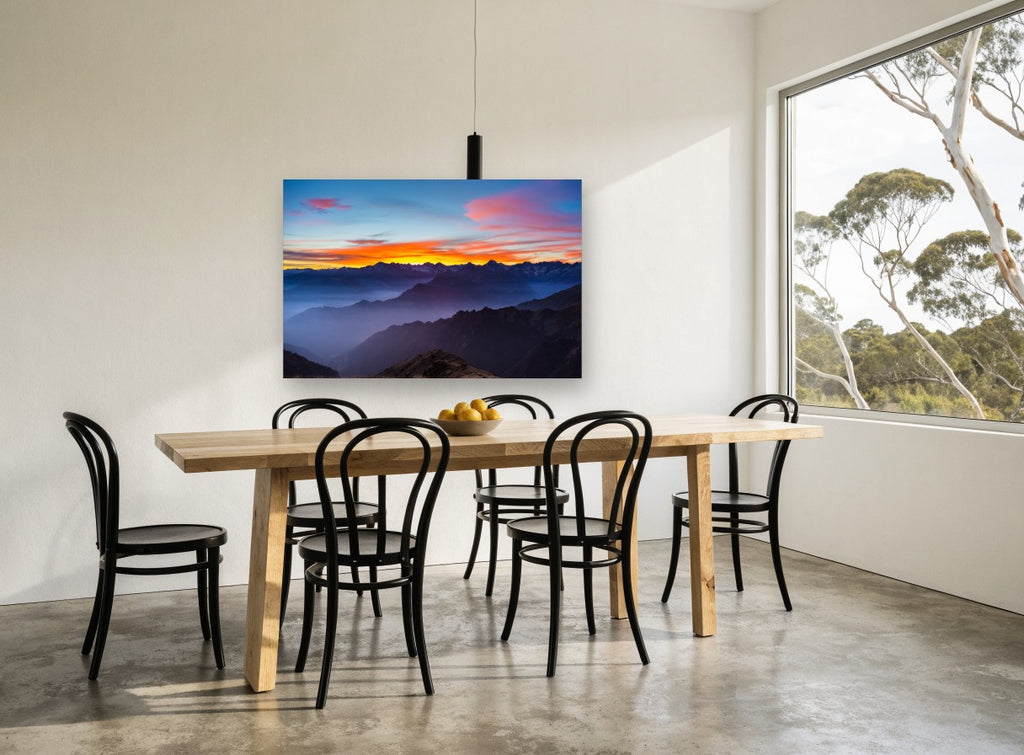 Alpine Dusk Layers landscape canvas print on the wall of a dining room