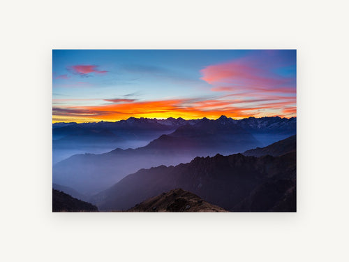 Alpine Dusk Layers, sunset over misty mountain ridges photograph, landscape canvas wall art print, front view