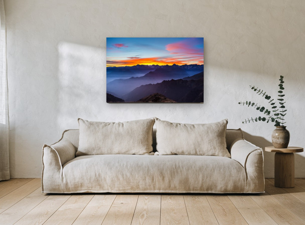 Alpine Dusk Layers landscape canvas print on the wall of a living room
