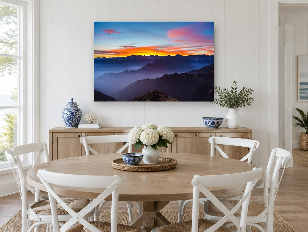 Alpine Dusk Layers landscape canvas print on the wall of a Hamptons dining room