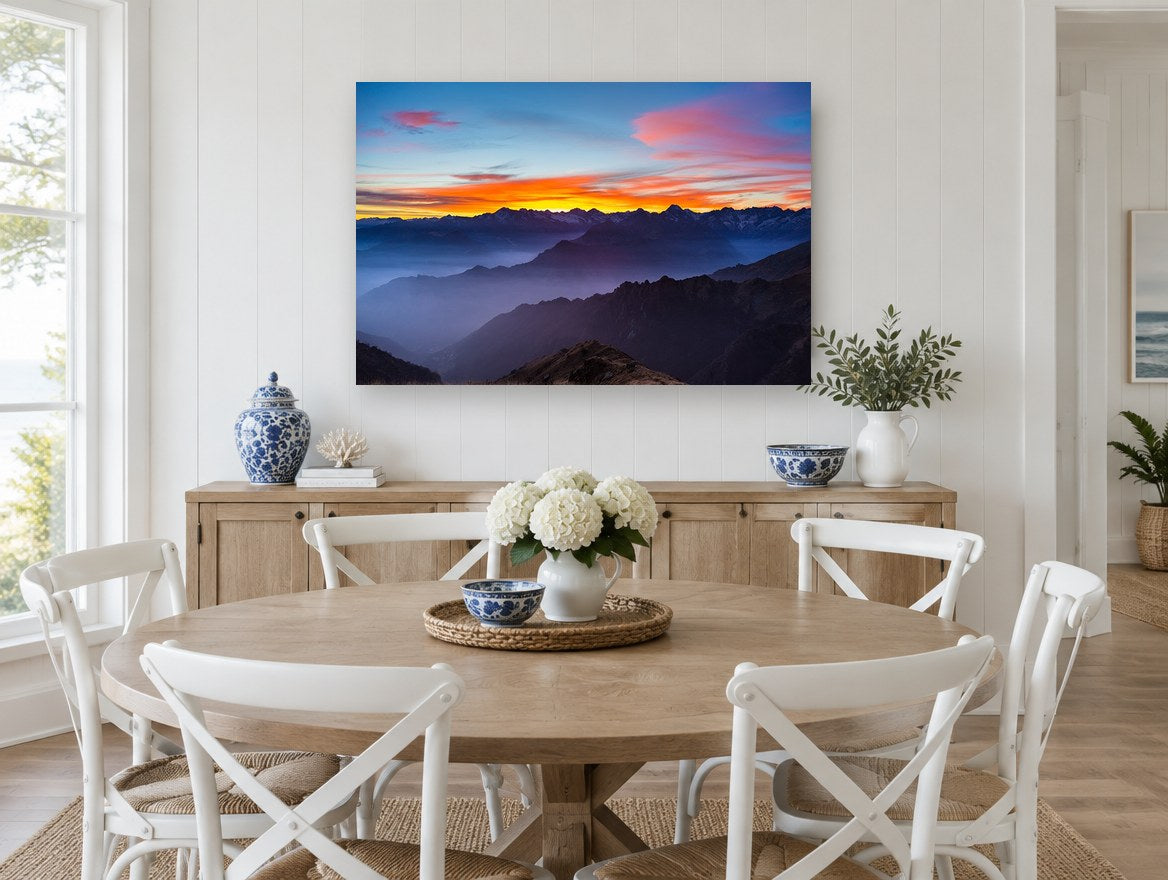 Alpine Dusk Layers landscape canvas print on the wall of a Hamptons dining room