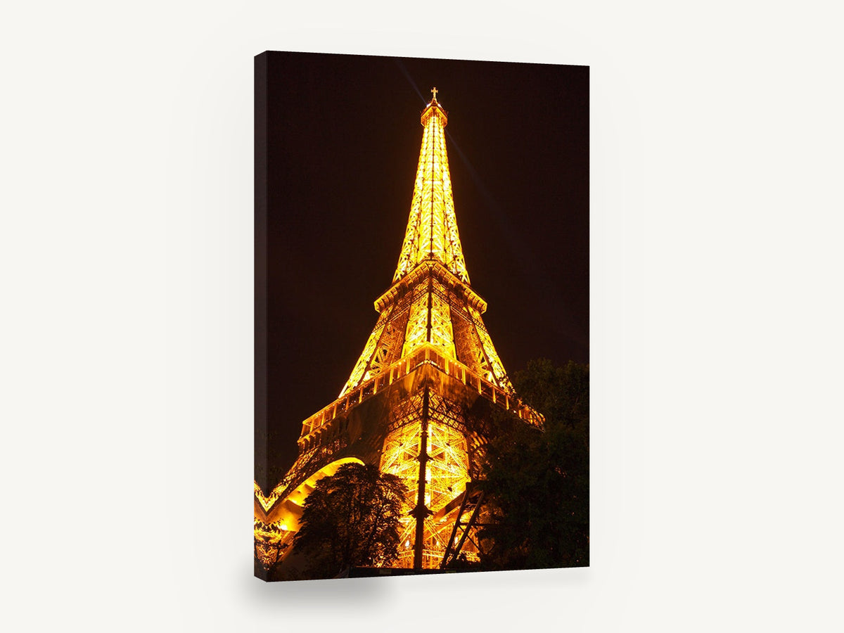 Golden Tower Ascending, eiffel tower at night photograph, city canvas wall art print ready to hang