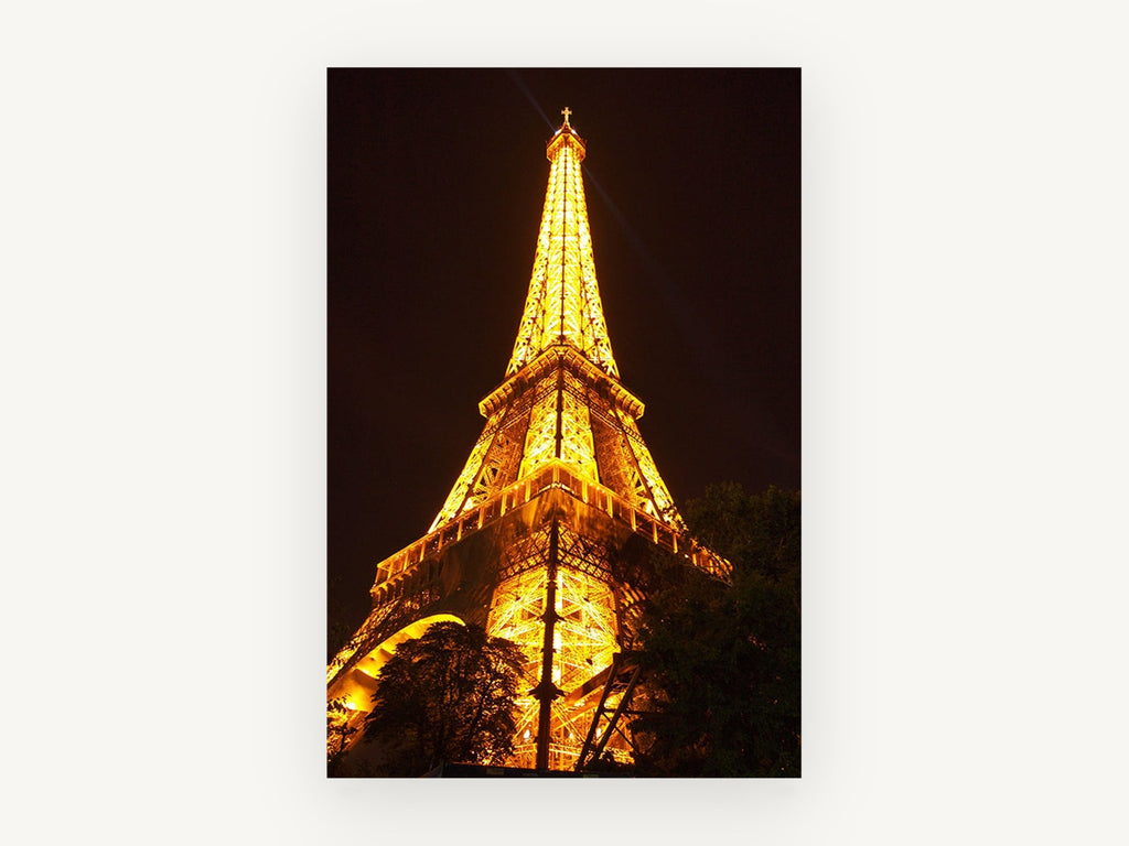 Golden Tower Ascending, eiffel tower at night photograph, city canvas wall art print, front view