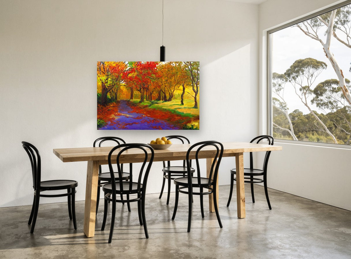 Violet Path Autumn landscape canvas print on the wall of a dining room