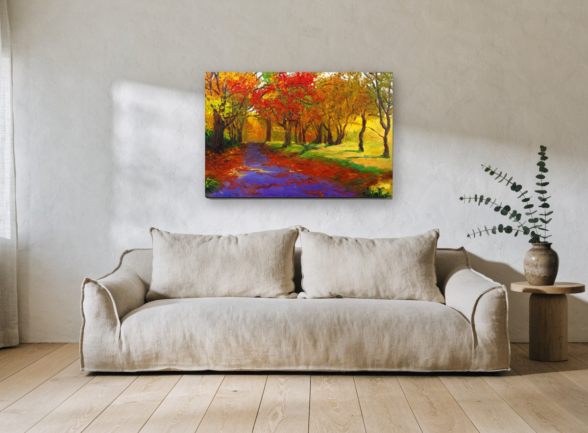 Violet Path Autumn landscape canvas print on the wall of a living room