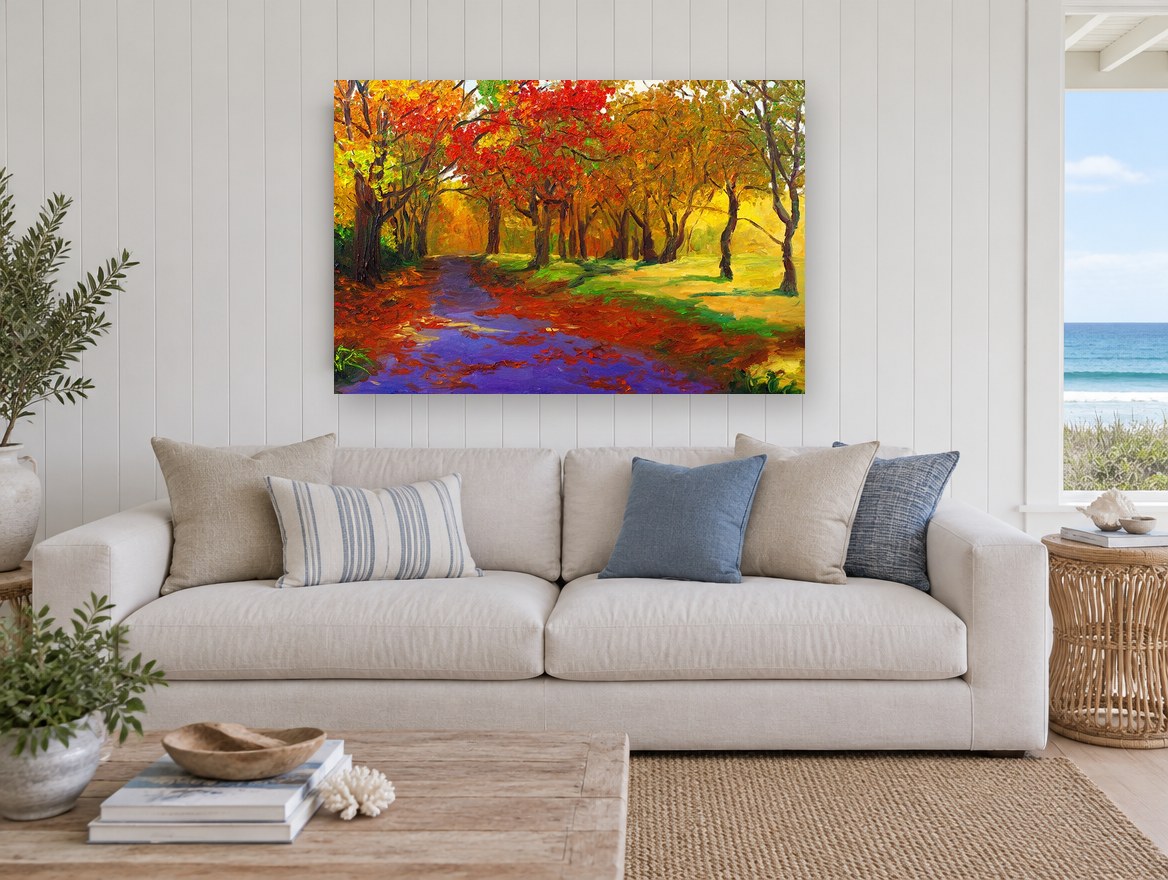 Violet Path Autumn landscape canvas print on the wall of a beach house living room