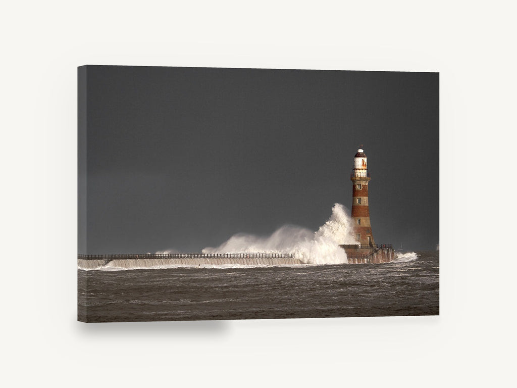 Storm Light Beacon, striped lighthouse storm wave photograph, coastal canvas wall art print ready to hang
