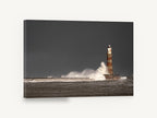 Storm Light Beacon, striped lighthouse storm wave photograph, coastal canvas wall art print ready to hang