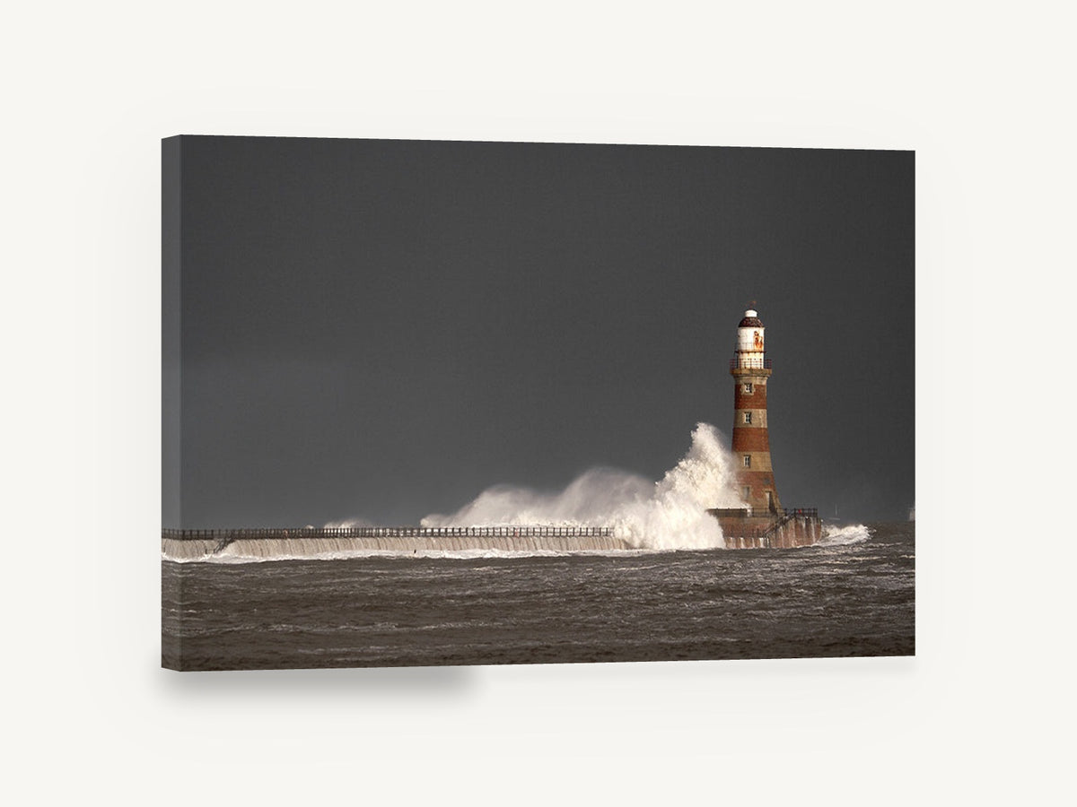 Storm Light Beacon, striped lighthouse storm wave photograph, coastal canvas wall art print ready to hang