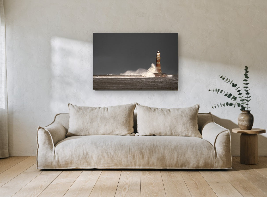 Storm Light Beacon coastal canvas print on the wall of a living room