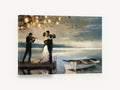 Dockside Last Dance, couple dancing on lake pier painting, landscape canvas wall art print ready to hang