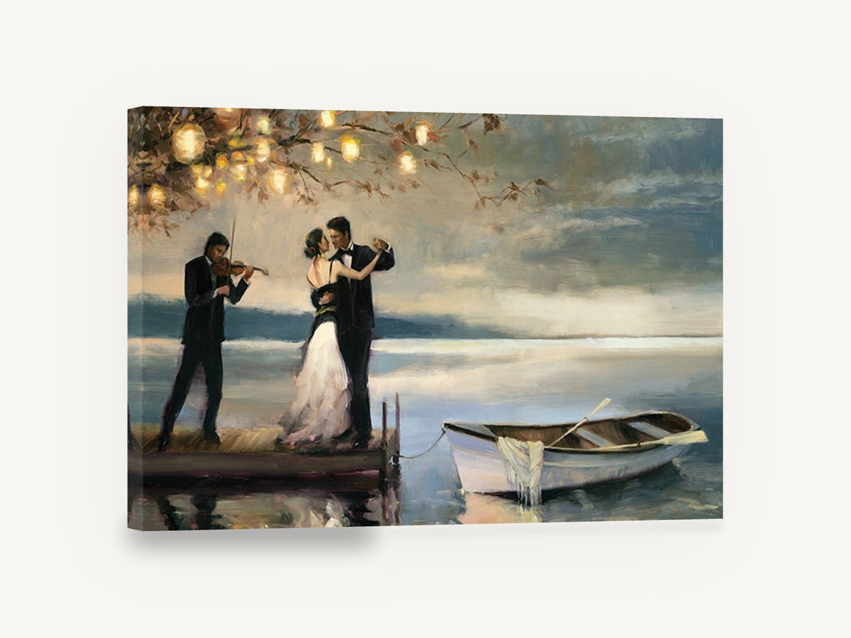 Dockside Last Dance, couple dancing on lake pier painting, landscape canvas wall art print ready to hang