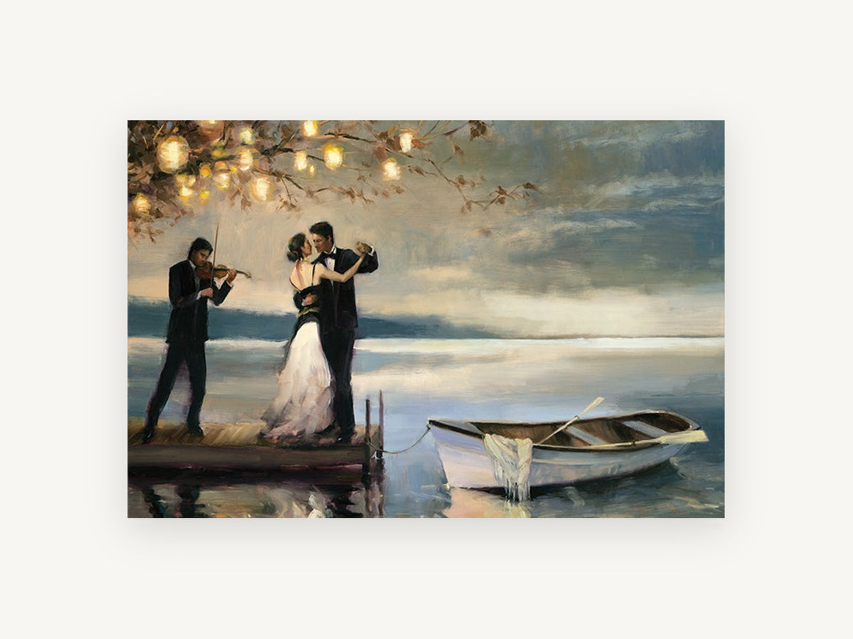 Dockside Last Dance, couple dancing on lake pier painting, landscape canvas wall art print, front view
