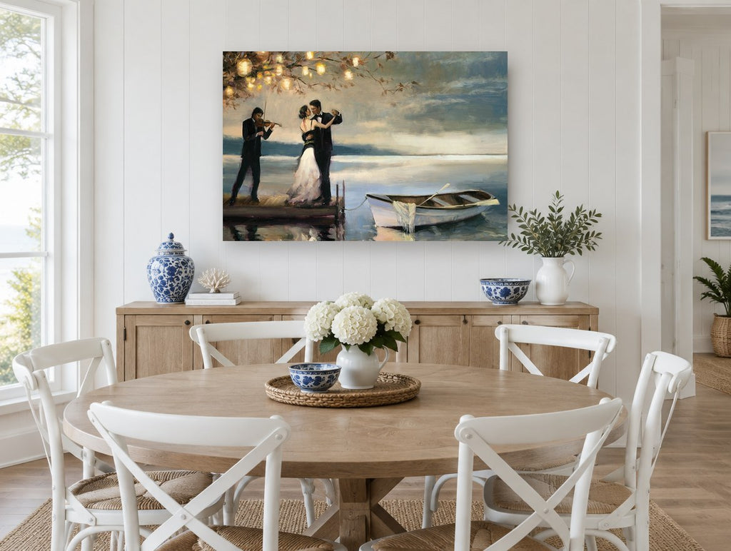 Dockside Last Dance landscape canvas print on the wall of a Hamptons dining room