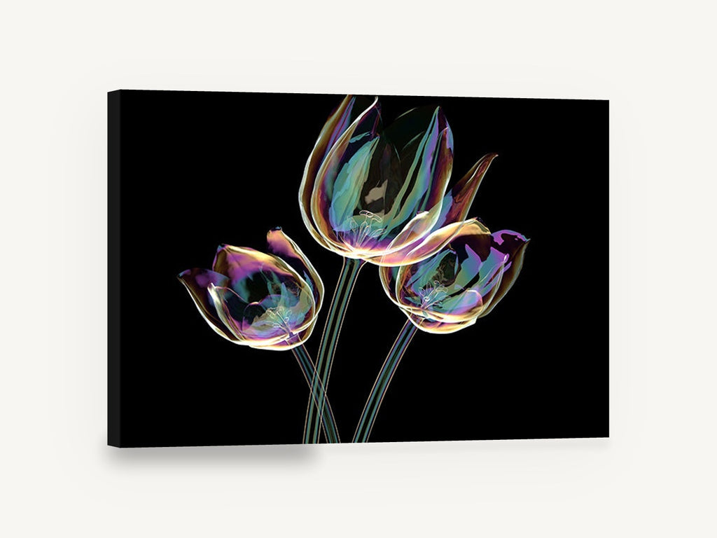 Iridescent Tulip Trio, iridescent glass tulips on black, floral canvas wall art print ready to hang