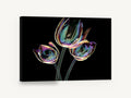 Iridescent Tulip Trio, iridescent glass tulips on black, floral canvas wall art print ready to hang