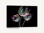 Iridescent Tulip Trio, iridescent glass tulips on black, floral canvas wall art print ready to hang