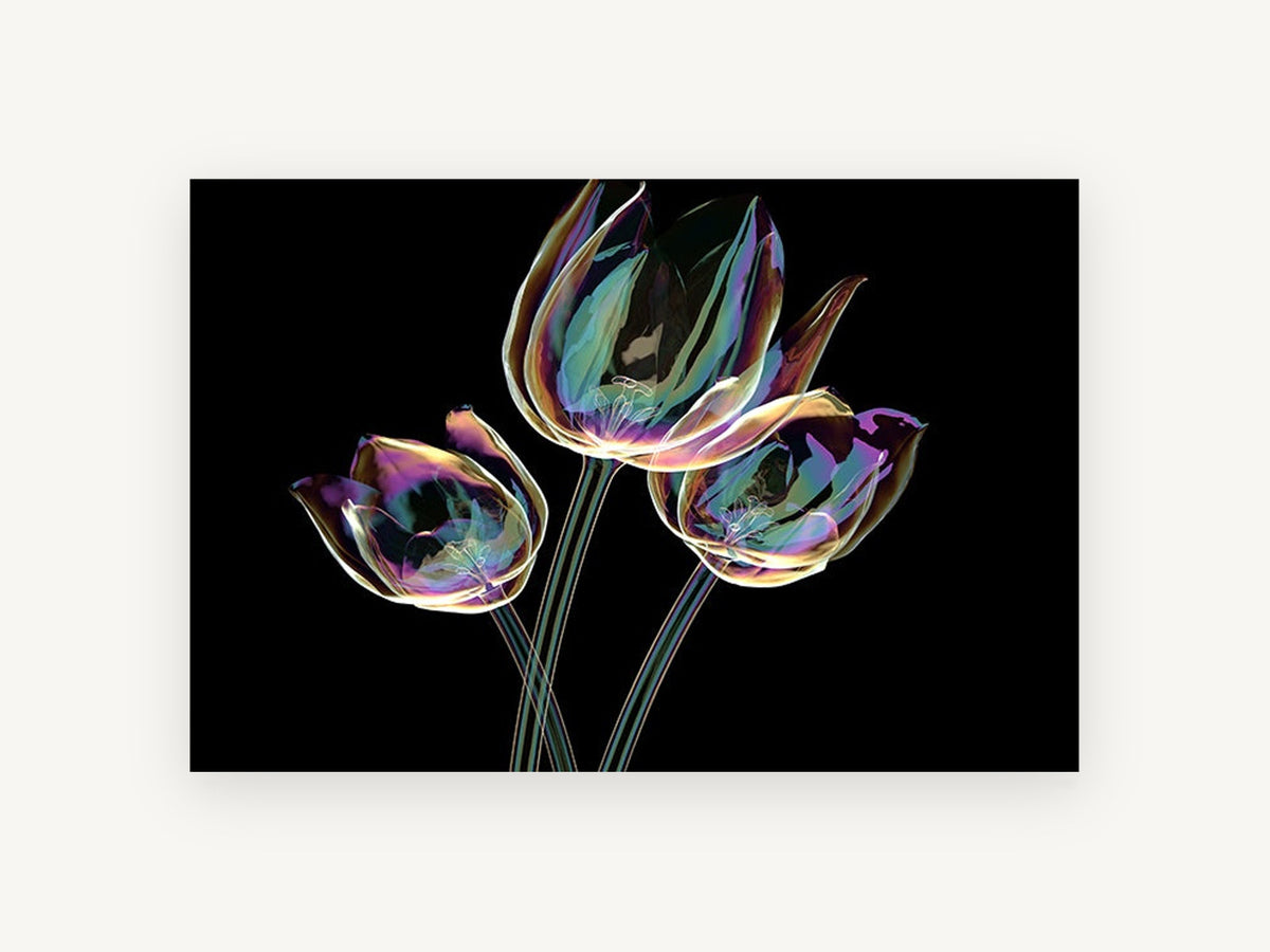 Iridescent Tulip Trio, floral canvas wall art print, front view
