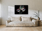 Iridescent Tulip Trio floral canvas print on the wall of a living room