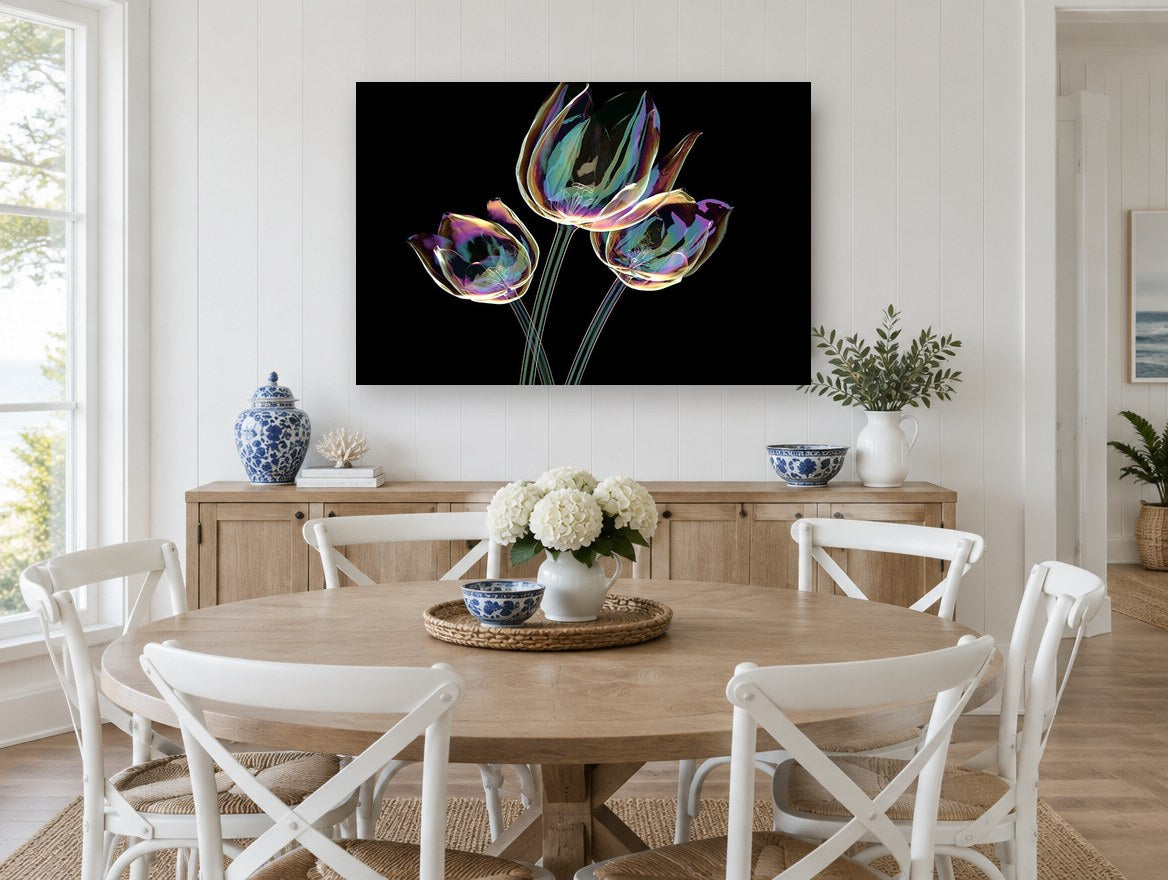 Iridescent Tulip Trio floral canvas print on the wall of a Hamptons dining room