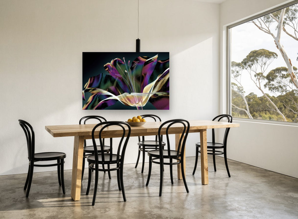 Iridescent Lily Bloom floral canvas print on the wall of a dining room