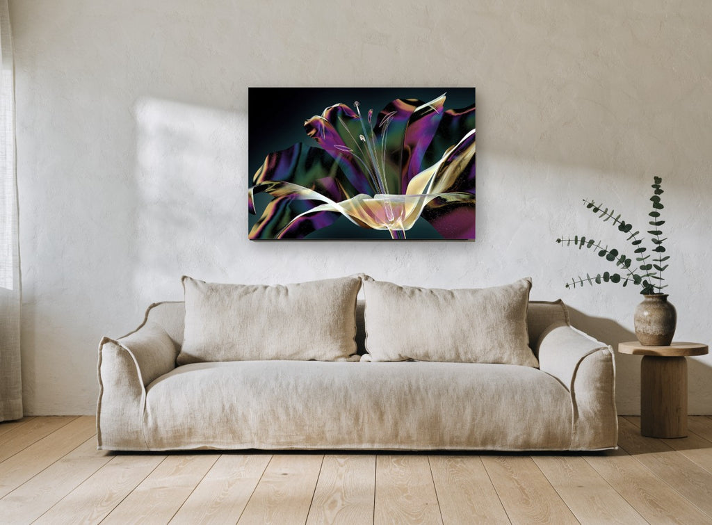 Iridescent Lily Bloom floral canvas print on the wall of a living room