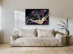 Iridescent Lily Bloom floral canvas print on the wall of a living room