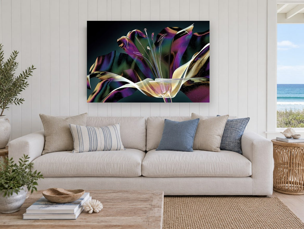 Iridescent Lily Bloom floral canvas print on the wall of a beach house living room