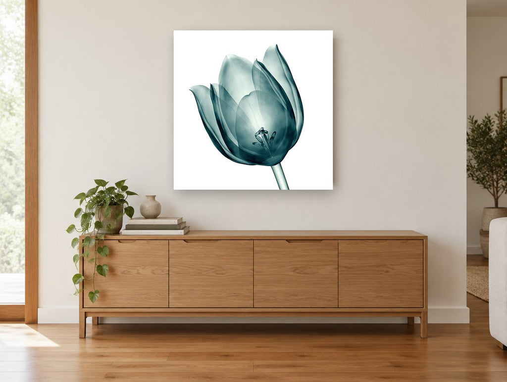 Teal Glass Tulip floral canvas print on the wall of a living room above a sideboard