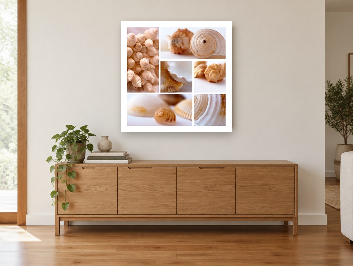 Soft Shell Collage coastal canvas print on the wall of a living room above a sideboard