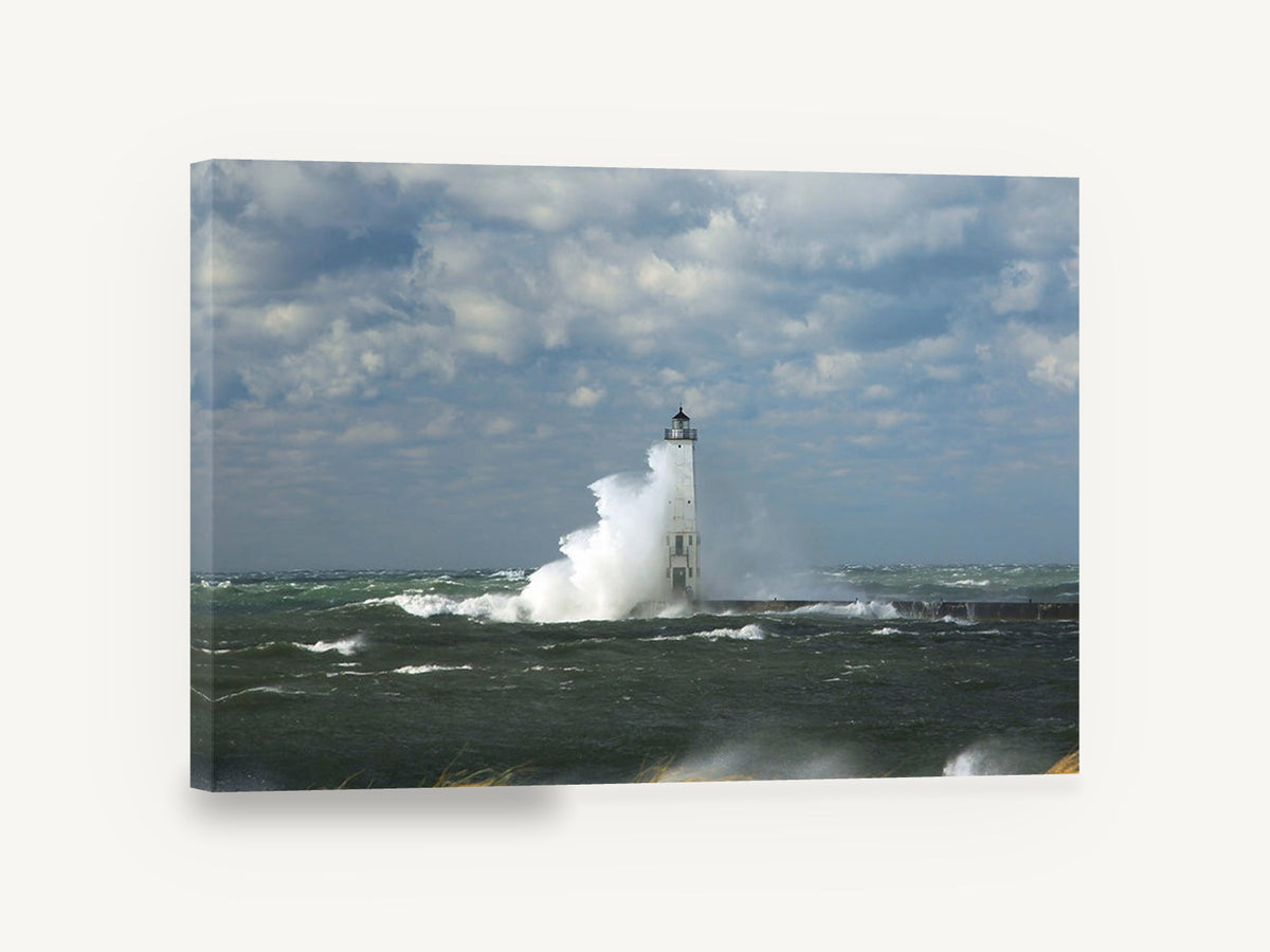 Storm Surge Lighthouse, lighthouse crashing wave storm photograph, coastal canvas wall art print ready to hang